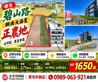 草屯買屋推薦  專任草屯碧山路｜朝南20米面寬｜方正農地 